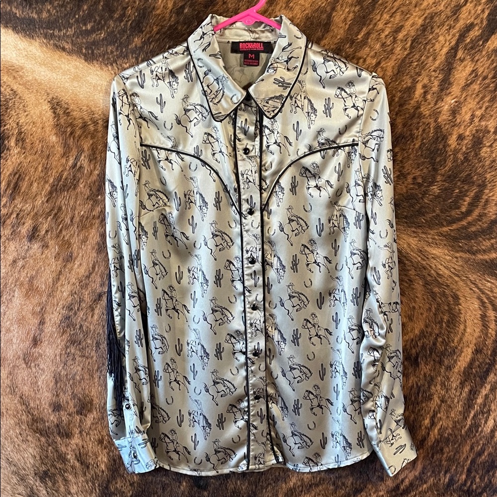 Green and black western button down w/fringe